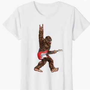 Bigfoot Playing Guitar Women’s White T-Shirt